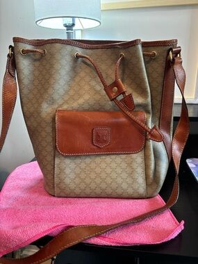 Authentic Vintage Celine Macadam Triomphe Canvas & Leather Bucket Bag